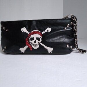 Black Bling Studded Skull Pirate Wristlet with Leather Wrapped Silver Link Chain